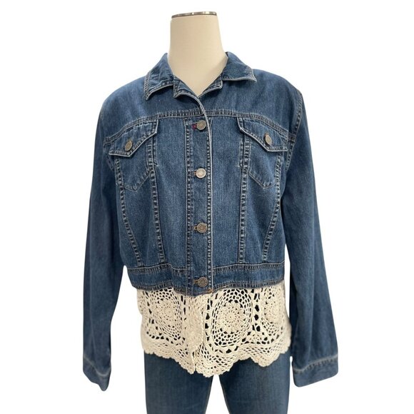 Upcycled Denim Jacket Boho Lace Crochet Hem Vintage Western Y2K Cottage Trendy - Picture 4 of 7